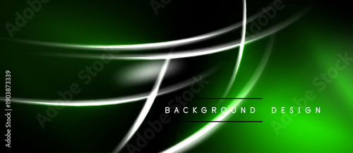 Abstract green background features dynamic white lines. Smooth curves intersect creating modern visual effect. Dark areas contrast bright elements.