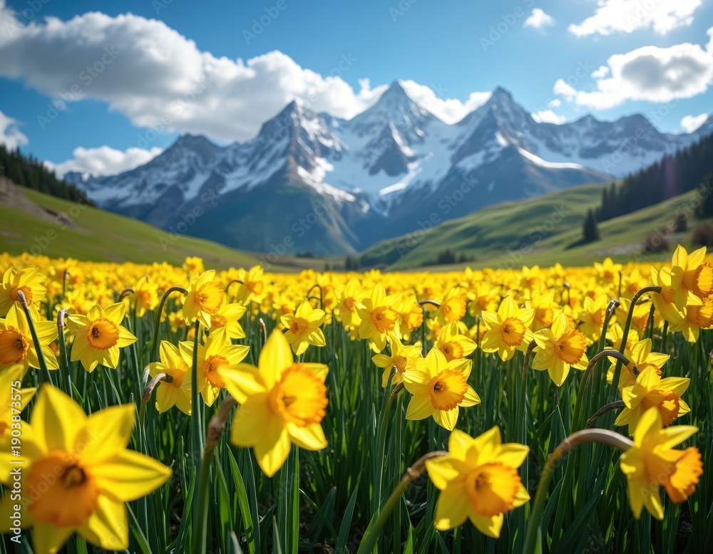 Fototapeta premium Vast field of yellow daffodils blooms in valley below snow-capped mountains. Green hillsides under bright blue sky with white clouds. Springtime nature landscape with abundant flowers.