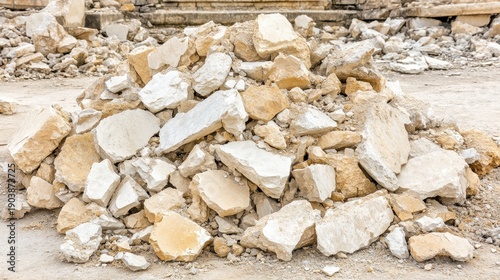 A meticulously arranged pile of fractured stone fragments on the ground