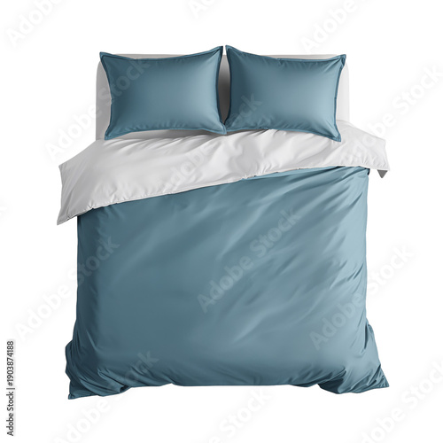 Modern Bedding Set on a Bed With Blue Duvet Cover and Matching Pillowcases in...