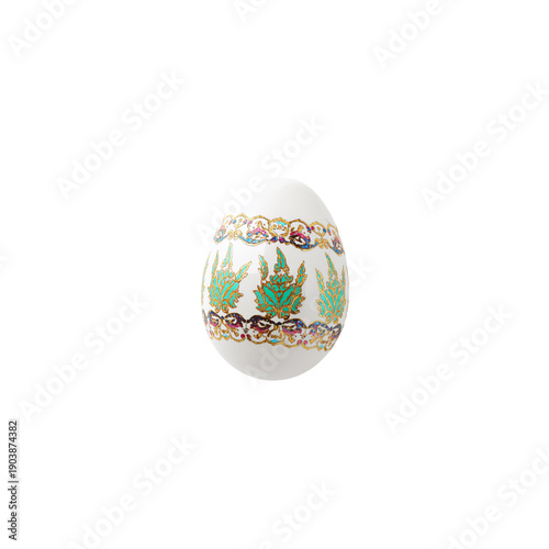 Brightly Decorated Egg With Patterns in Various Colors on a Plain Background