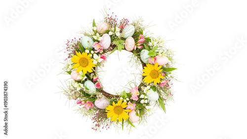 Colorful Spring Wreath With Flowers and Decorated Eggs for Seasonal Celebration