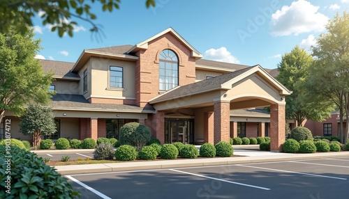 Exterior view of senior care facility with spacious parking lot, rich, green garden. Welcoming entrance features archway, brick columns, inviting visitors to comfortable retirement living environment.