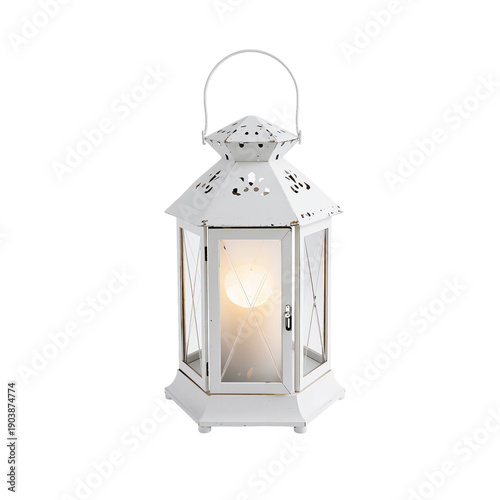 Lantern With Light Inside Sitting on a Table in a Well-Lit Area During the Ev...