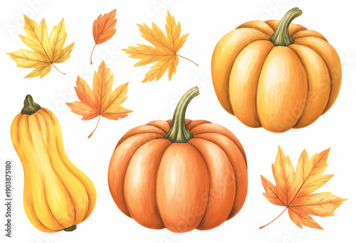 Assorted pumpkin and squash varieties isolated on white background. Rustic autumn squash and pumpkin set painted in watercolor.