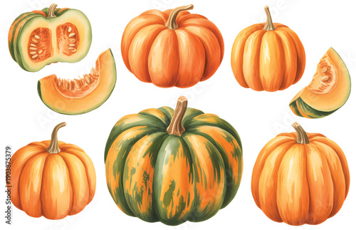Assorted pumpkins and squash watercolor set isolated on white. Autumn pumpkin watercolor elements for seasonal and holiday design.