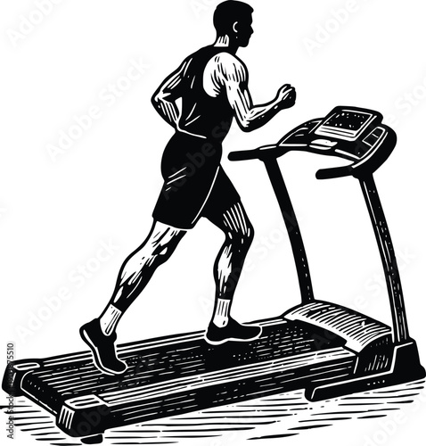 A man Running on Treadmill Silhouette Cardio Workout Fitness Training Gym Exercise Black White Vector Illustration