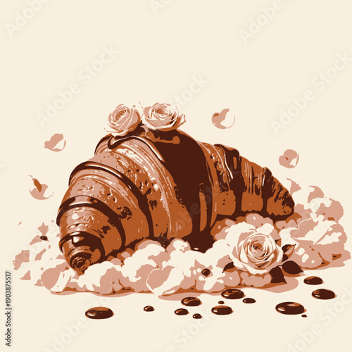 Deliciously Decadent Croissant Dripped with Chocolate Adorned by Pink Roses and Surrounded by Fluffy Cream Clouds and Petals
