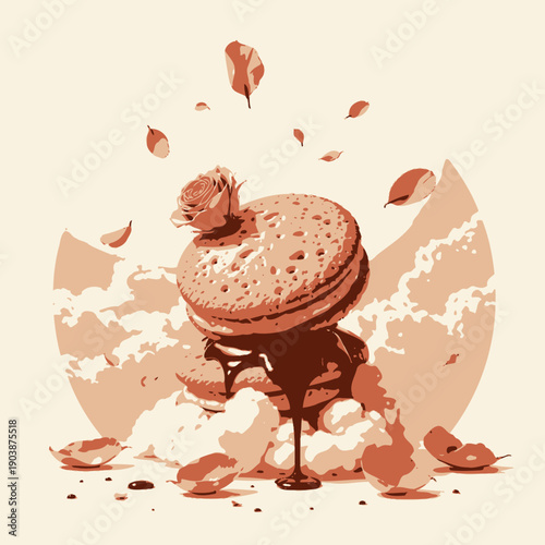 Decadent Stack of Cream-Filled Sandwich Cookies Dripping with Rich Chocolate Ganache Surrounded by Floating Rose Petals Against a Cloud-Filled Background