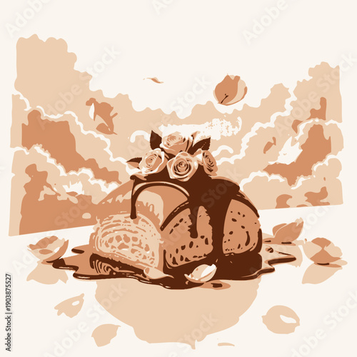 Exquisite Layered Pastry Drizzled with Rich Chocolate and Adorned with Delicate Blossoms Against a Dreamlike Sky Backdrop Evoking Elegance and Sweet Indulgence