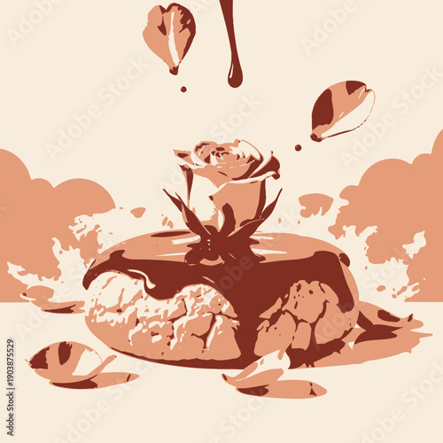 Decadent Pastry with Rose and Chocolate Topping Against Dreamy Cloud Background