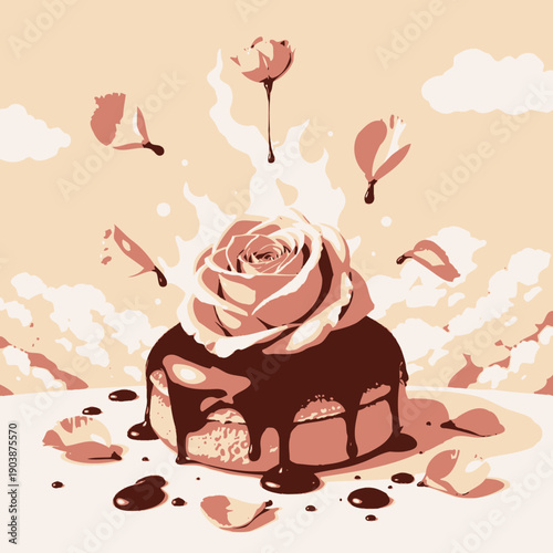 Delicate Pink Rose on Chocolate Drizzled Cake Surrounded by Falling Petals and Soft Cloudy Background