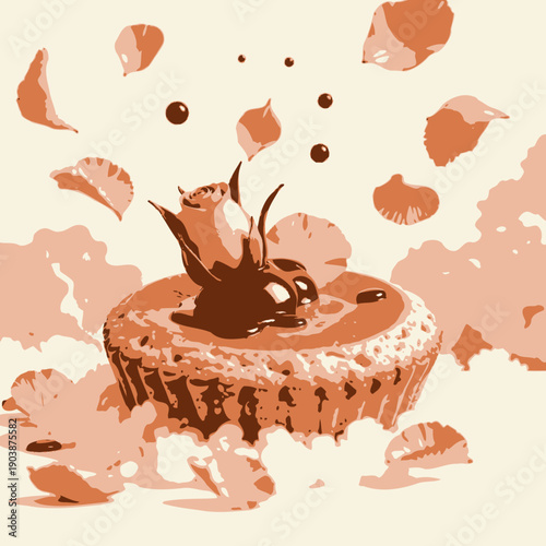 A Delicate Blossom-Inspired Tart Adorned with Chocolate Drizzle and Surrounded by Floating Petals on a Fluffy Cloud Background