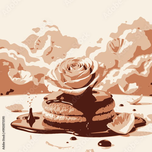 Elegant Pink Rose atop Golden Pancakes Drizzled with Rich Chocolate Syrup Surrounded by Delicate Rose Petals Against a Soft Cloudlike Backdrop