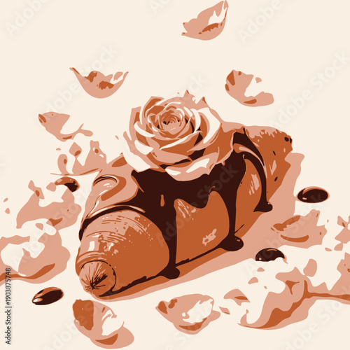 Deliciously Artistic Croissant Adorned with Chocolate Glaze, Elegant Pink Rose, and Delicate Petals Creating a Perfect Harmony of Color and Flavor