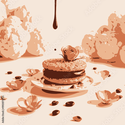 Elegantly Plated Dessert with Chocolate Drizzle and Pink Floral Accents Surrounded by Artfully Arranged Cauliflower Heads and Chocolate Drops