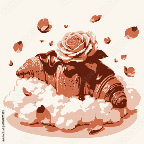 Decadent Croissant Adorned with Luscious Chocolate Drizzle and Elegant Rose for a Delightful Fusion of Savory and Sweet Confectionary Art