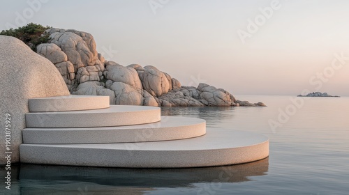 Abstract geometric stages of polished stone rise from calm water against a rocky coastal landscape at sunrise or sunset