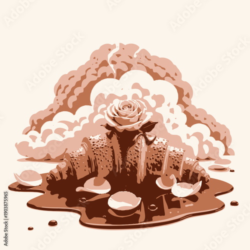 Freshly Baked Croissant with Drizzle of Melted Chocolate Garnished with Pink Rose and Petals Against a Soft Creamy Cloud Backdrop