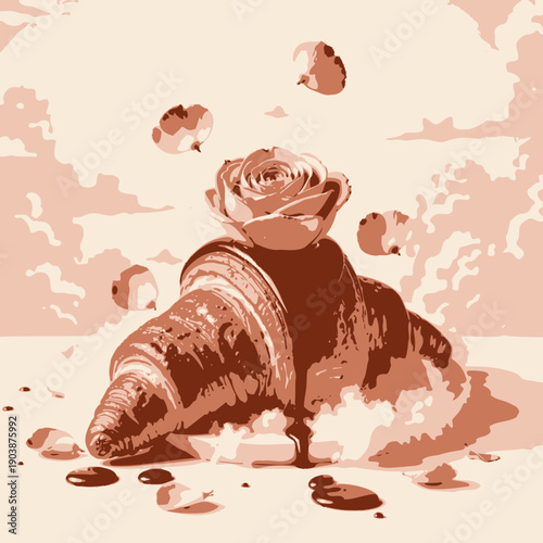 Delicately Crafted Croissant Adorned with Rose Petals and Chocolate on Cloud-Like Fluff Against a Dreamy Sky Background