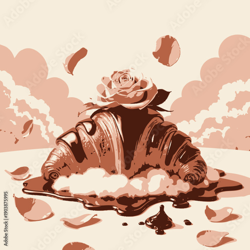 Delectable Chocolate Drizzled Croissant Topped with an Elegant Rose and Surrounded by Delicate Petals Against a Dreamlike Cloudy Background