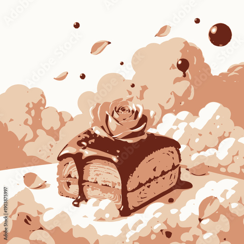 Elegant Dessert Creation Featuring Layered Pastry with Chocolate Glaze and Rose Decor Surrounded by Delicate Creamy Elements and Floating Petals