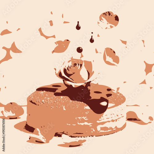 Elegant Rose-Infused Cake Adorned with Dripping Chocolate and Surrounded by Floating Pink Petals and Cloud-Like Backdrop