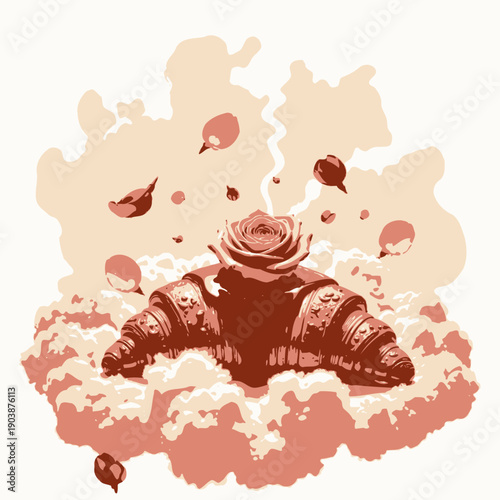 A Delightful Croissant Adorned with Melted Chocolate and a Rose Amidst Floating Petals and Clouds Creating a Dreamy Dessert Atmosphere