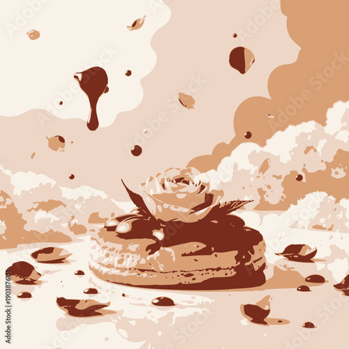 Elegant Dessert with Chocolate Drizzle, Pink Rose, and Clouds of Sugar Artistry Creating a Sweet, Dreamlike Confectionary Scene