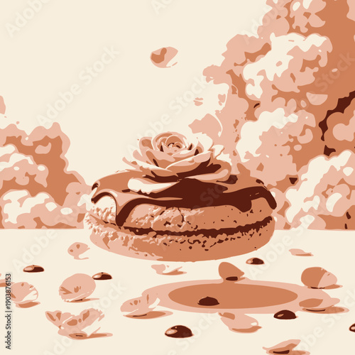 Elegant Floating Cookie with Chocolate Glaze and Delicate Pink Rose Surrounded by Whimsical Fluffy Clouds of Soft Pastel Hues and Scattered Petals