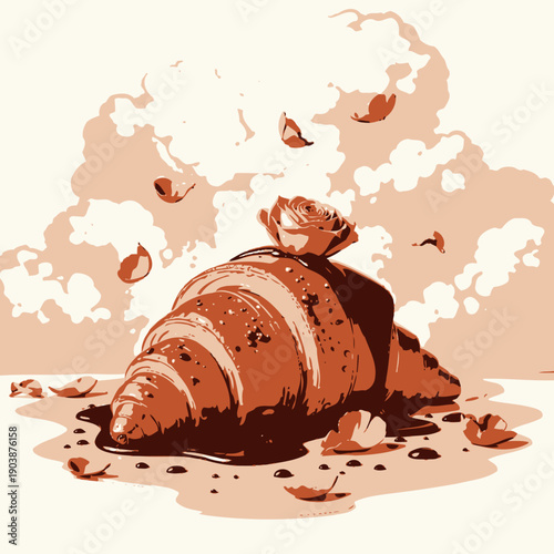 Elegant Croissant Adorned with Pink Rose and Drizzled Chocolate Amidst Cloudy Background with Scattered Petals