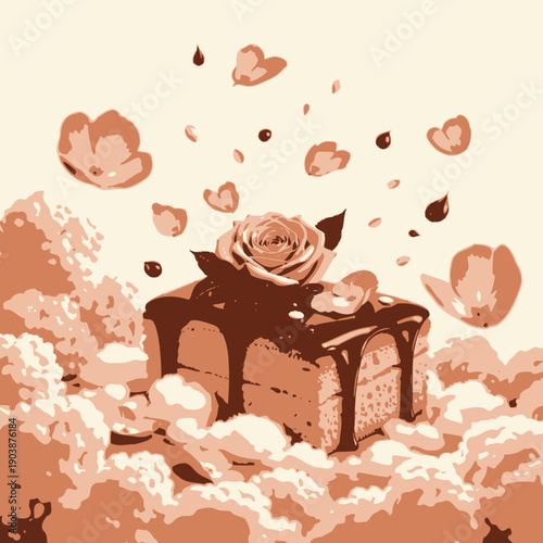 Exquisite Chocolate Ganache Dripped Cake with Delicate Pink Rose and Floating Petals Surrounded by Whimsical Clouds of Sweet Mouse and Pastel Flowers