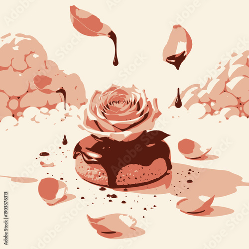 Exquisite Dessert Artistry: Delicate Rose atop Chocolate-Glazed Pastry Surrounded by Floating Rose Petals and Creamy Clouds in a Dreamy Setting