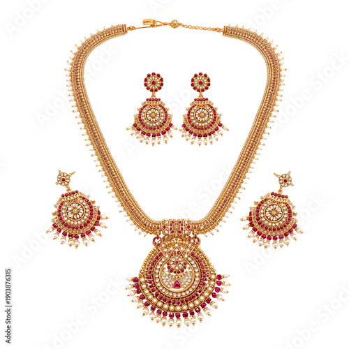 Jewelry Set With Gold Necklace and Matching Earrings Displayed on a Plain Bac...