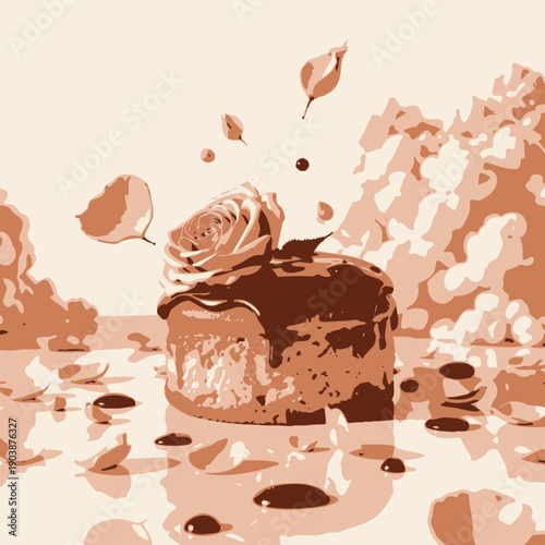 Exquisite Cheesecake Topped with Chocolate Ganache and Elegant Pink Rose Petals Showcasing a Delightful Fusion of Flavor and Visual Beauty