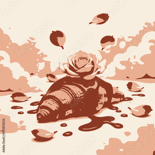 Luxurious Croissant Adorned with Chocolate Drizzle and Delicate Pink Rose Surrounded by Floating Petals Amidst Fluffy Cloud-Like Decorations