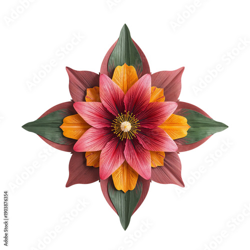 Colorful Floral Design With Petals in Red, Orange, and Green Colors Arranged on a White Background