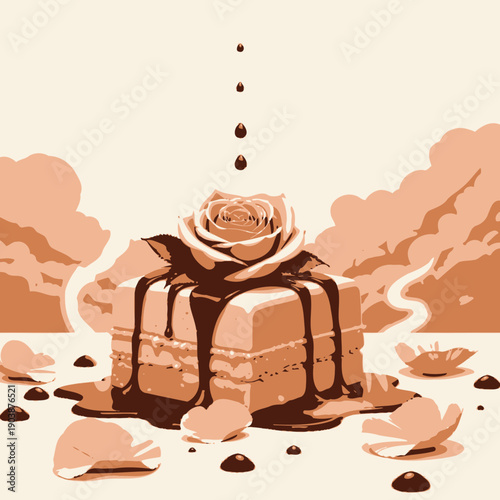 Delicate Rose-Topped Yellow Cake with Rich Chocolate Drizzle Surrounded by Pink Flower Petals Against a Soft Cloudy Backdrop