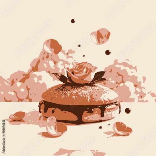 Artistic Presentation of a Gourmet Dessert: A Decadent Chocolate-Covered Pastry Topped with a Sculpted Rose and Surrounded by Delicate Pink Petals
