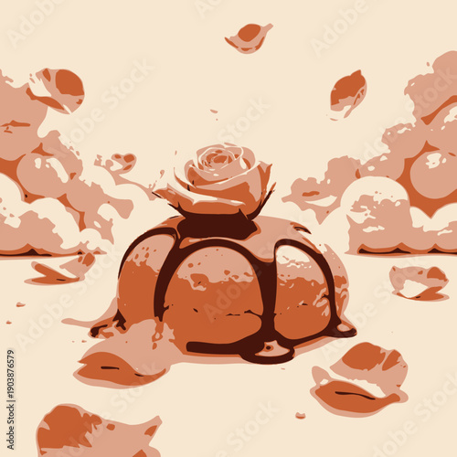 Delicate Dessert Creation with Rose Petals and Dripping Chocolate on Soft Bake Surrounded by Fluffy Confections