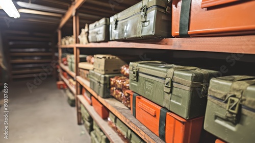 Rows of sturdy storage containers filled with emergency food and survival supplies neatly organized on shelves in a well stocked warehouse facility