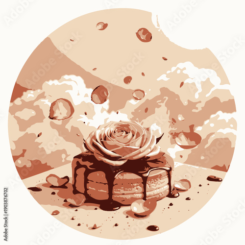 A Dreamy Dessert Scene with a Chocolate Drizzled Pancake Topped with a Delicate Rose and Petals Floating Against a Cloudy Sky