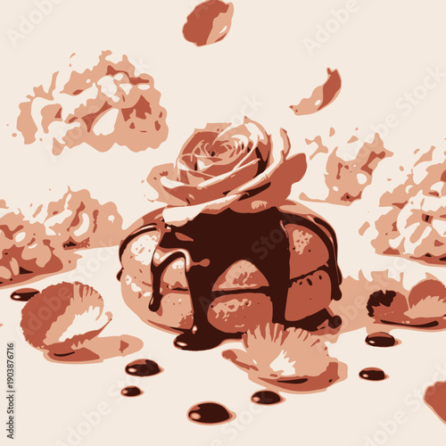 Elegant dessert featuring a chocolate-drizzled pastry adorned with a delicate pink rose and surrounded by whimsical floral decorations and petals