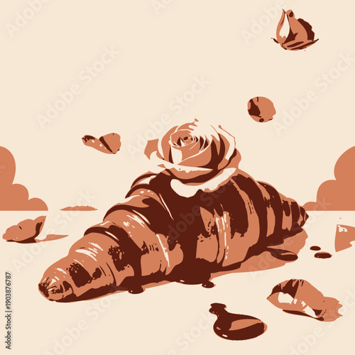 Delightful Croissant Adorned with Chocolate Drizzle and Elegantly Topped with a Rose, Surrounded by Petals on a Reflection Surface