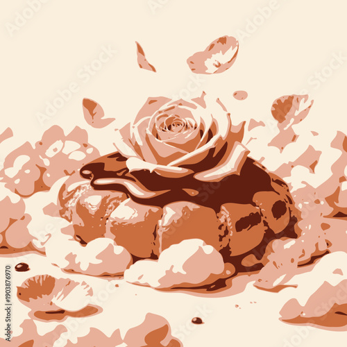 Artistic culinary creation featuring a chocolate-glazed pastry adorned with a delicate pink rose and surrounded by whimsical cream puffs and floating petals