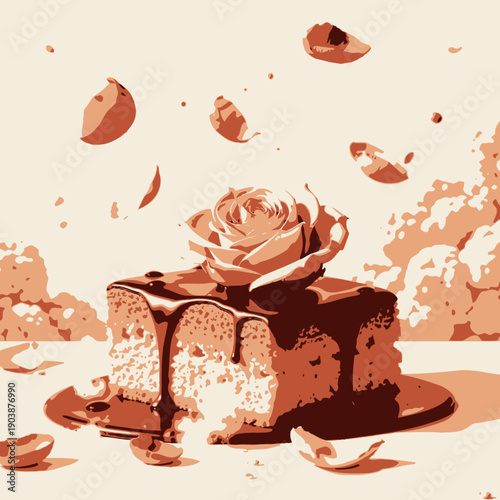 Delicious Vanilla Sponge Cake Drenched in Velvety Chocolate Ganache Garnished with Delicate Rose Petals in a Serene Floral Background Setting