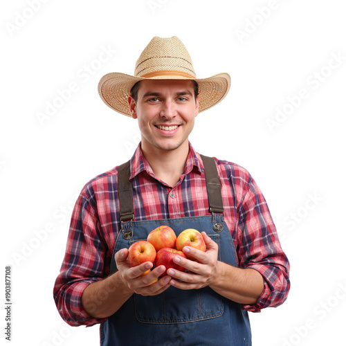 Farmer Holds Fresh Apples in Hands While Wearing Checkered Shirt and Denim Apron