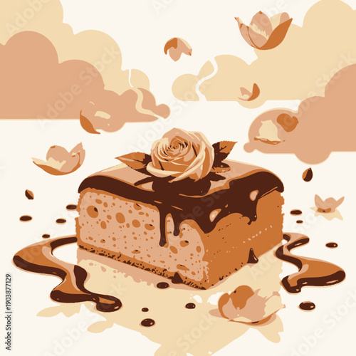 Artistic depiction of a chocolate-topped sponge cake adorned with a pink rose and floating petals, surrounded by whimsical cloud shapes in a dreamlike composition