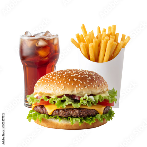 Burger and Fries on White Background With Sesame Bun and Fresh Toppings