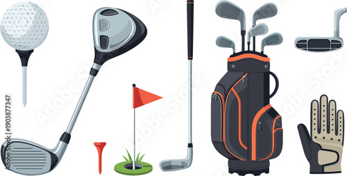 Golf equipment set including clubs bag and accessories